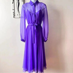 Vintage 60s Purple Chiffon Sheer Long Sleeve Pintuck Dress Size 12
